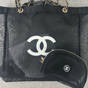 NEW Chanel GWP Black Mesh Tote and Pouch Set